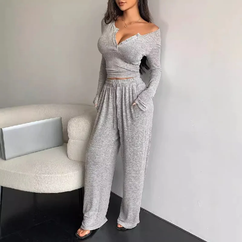 Women's Long-sleeved Button-up Solid Color Top And Trousers Two-piece Suit Trousers Travel Practical