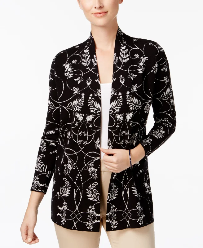 Charter Club Floral Jacquard Open Front Cardigan Fleece Cardigan Nylon Polyester