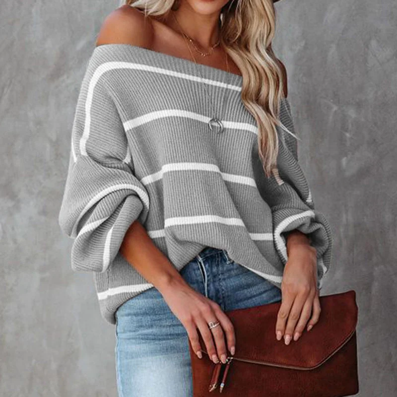 Ladies Sweaters Kniting Pullover Stripes Off Shoulder Long Sleeve Boyleg Sleeve Pullover