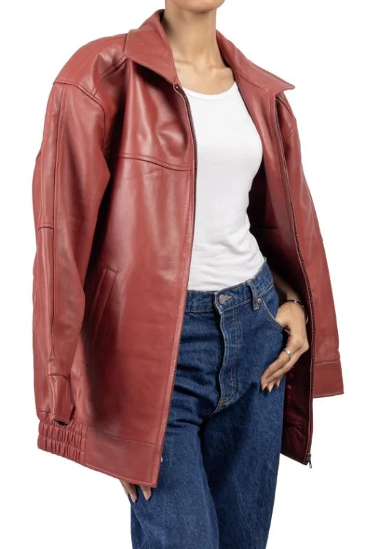 Womens Oversized Red Leather Jacket Wool Fabric Cashmere Fabric Tweed Fabric