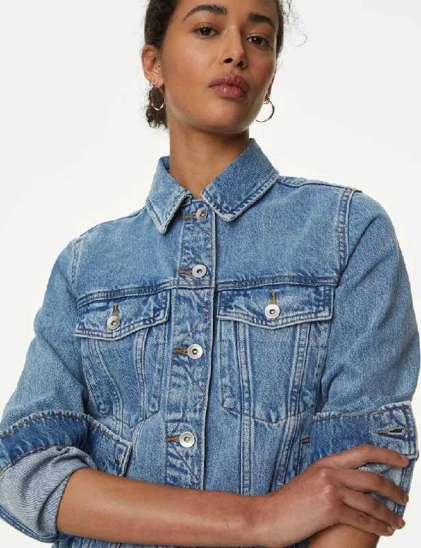 Pure Cotton Denim Jacket Notch Collar Peter Pan Collar Cowl Neck