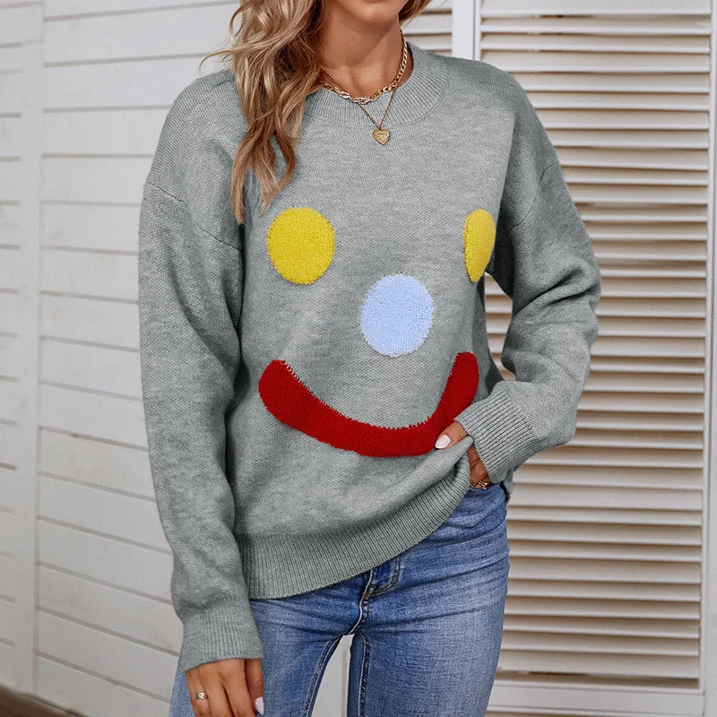 Ladies Sweaters Kniting Round Collar Pullover Clown Smiling Face Long Sleeve Bolero Style Sweater