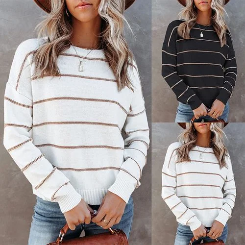 Womens Round Neck Stripe Long Sleeve Pullover Sweater Seamless Knit Pullover