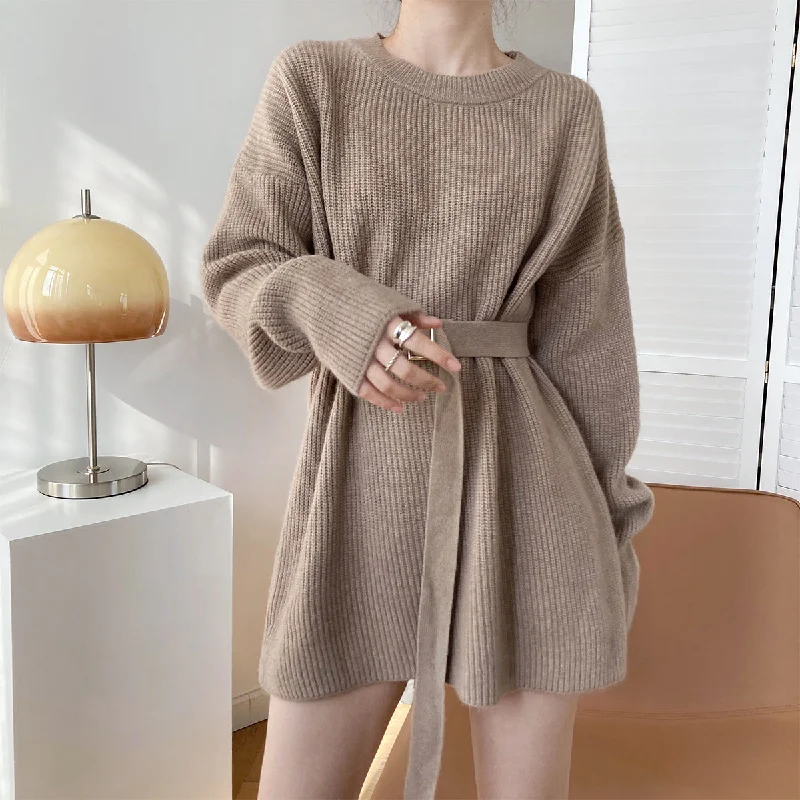 Mid Length Autumn and Winter Dress Sweater Pullover Thickened Lazy Waist-Tight round Neck Base Knitted Dress Spaghetti Sleeve Top