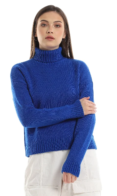 O157224 Knitted Trendy Ribbed Turtle Neck Pullover - Royal Blue Fine Merino Wool