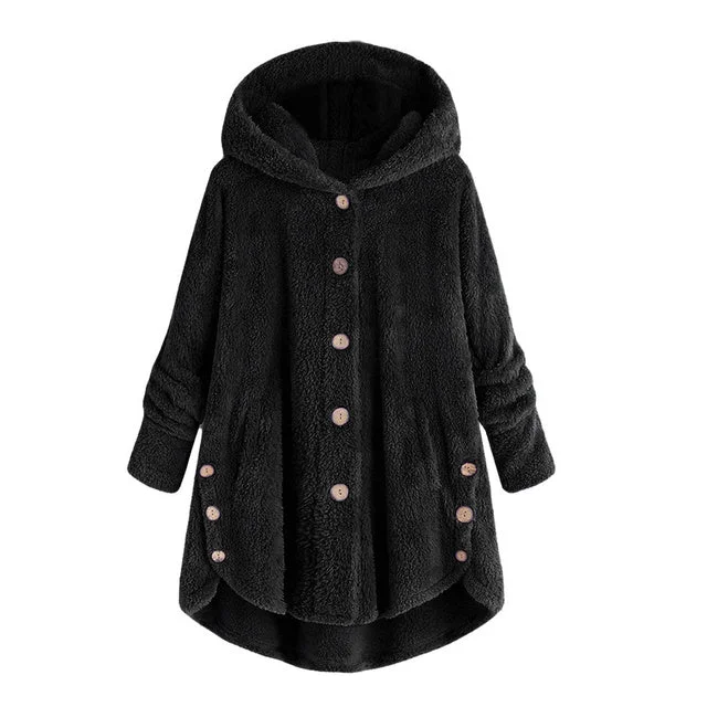 Winter Women Fluffy Coat Jackets Fashion Tail Button Soft Fleece Jacket Plus Size Loose Hooded Coat Casual Outwear Women Parka B-27819 Faux Fur Jacket Real Fur Jacket Shearling Jacket