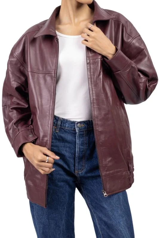 Womens Oversized Burgundy Leather Jacket Front Pockets Side Pockets Patch Pockets