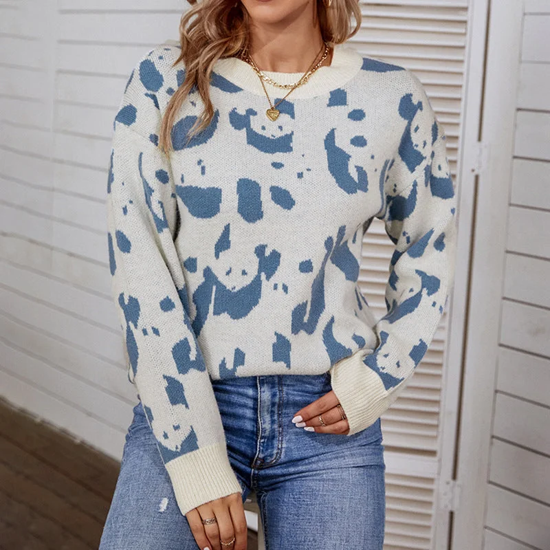 Ladies Sweaters Kniting Round Collar Pullover Bicolor Cows Printed Long Sleeve Box Sleeve Comfort