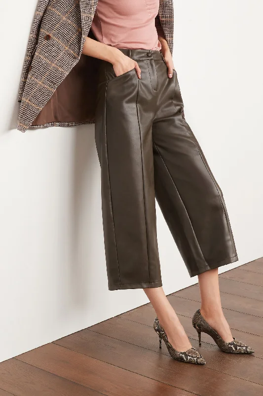 Dark Khaki PU Faux Leather Culotte Trousers Trousers Evening Elegant