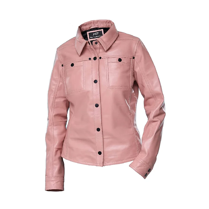 Women's Light Pink Shirt Style Leather Jacket Welt Pockets Slit Pockets Flap Pockets