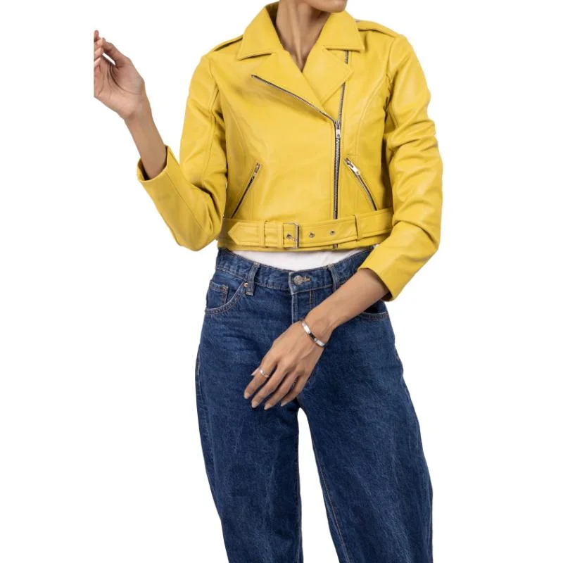 Womens Yellow Cropped Leather Jacket Cardigan Sweater Pullover