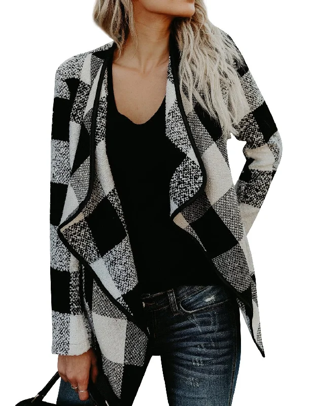 Women Long Sleeve Lapel Collar Open Front Asymmetric Hem Plaid Cardigan Coat Boxy Cardigan Fitted Cardigan A-Line