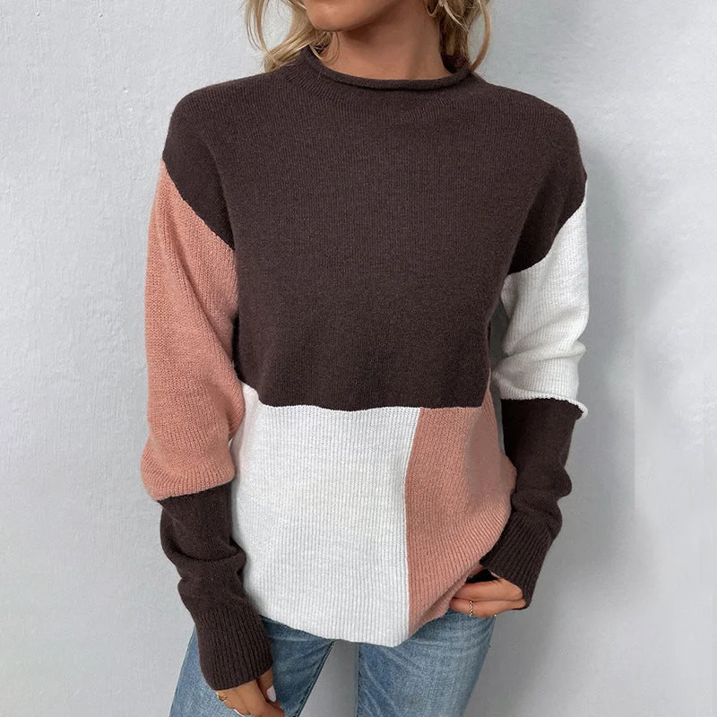 Ladies Sweaters Kniting Round Collar Pullover Bicolor Color Blocking Slim Sleeve Pullover