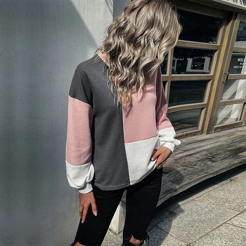 New Fall Winter Pullover Loose Color-blocking Knitted Jumper Women's Sweater Short Puff Sleeve