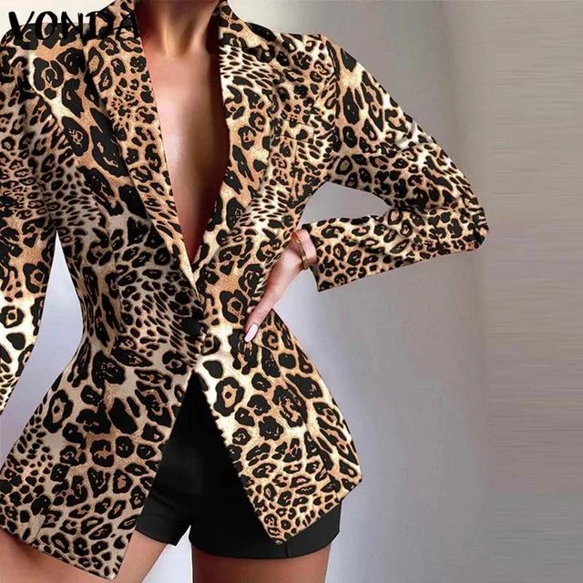 Women Leopard Print Blazer VONDA Sexy Long Sleeve Lapel Neck Coats Office Formal Coats Jackets Outerwear Veste Femininas S4416521 Quilted Jacket Puffer Jacket Insulated Jacket