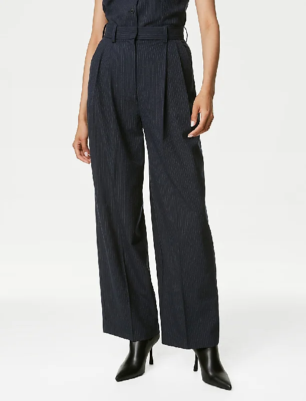 Pinstripe Pleat Front Wide Leg Trousers Trousers Travel Practical