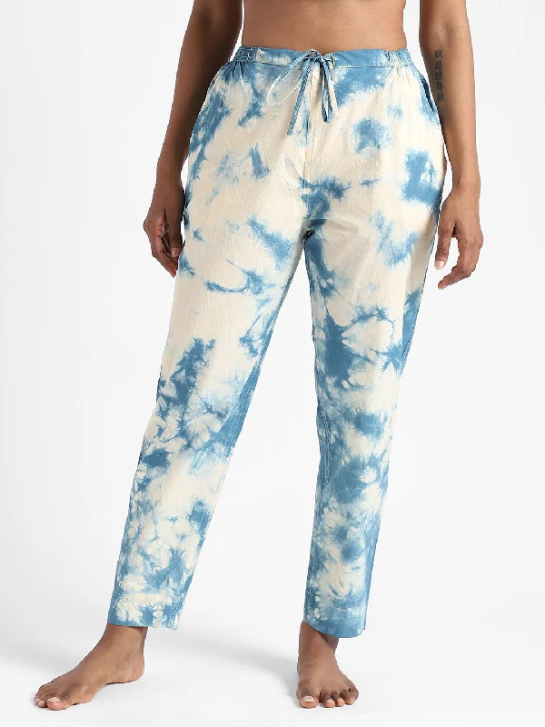 LivBio Women's Tie and Dye Pants | Indigo Blue | 100% Organic Cotton | Naturally Dyed Trousers | Slim Fit Trousers Summer Linen