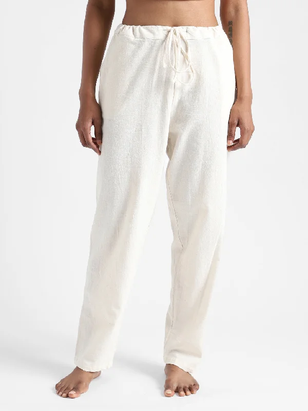 LivBio Women's Pants | Natural White | 100% Organic Cotton | Naturally Dyed | Hand Spun and Hand Woven Trousers | Relaxed Fit High Waist Slim Fit Ankle Length