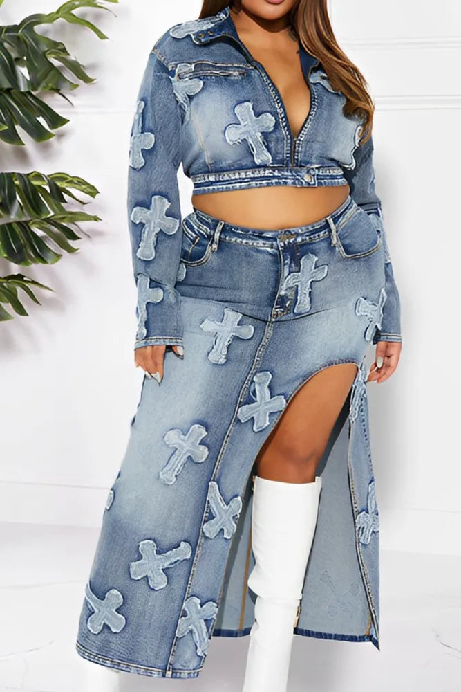 Sexy Denim Cross 2pc Jacket & Maxi Skirt Set Toggled Jacket Drawstring Jacket Belted Jacket