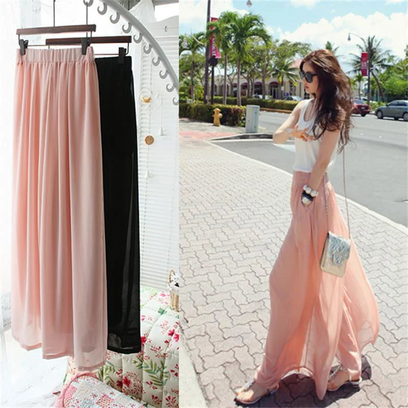 Women's Long Wide Leg Pants Solid Chiffon Skirt Pants Fashion Skorts Culottes Harem Pants Loose High Waist Trousers YLL362 Trousers Elastic Waist Soft