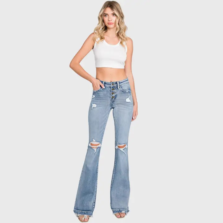 Mid Rise Stretch Flare Jean with Frayed Trouser Hem Trousers versatile all-occasion