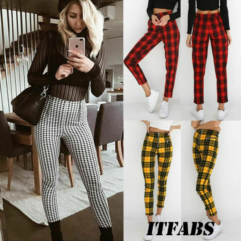 Classic Plaid Pants Women Zipper Skinny Denim Office Casual High Waist Jeggings Pencil Pants Trouser Streetwear Trousers Polka Dot Cute