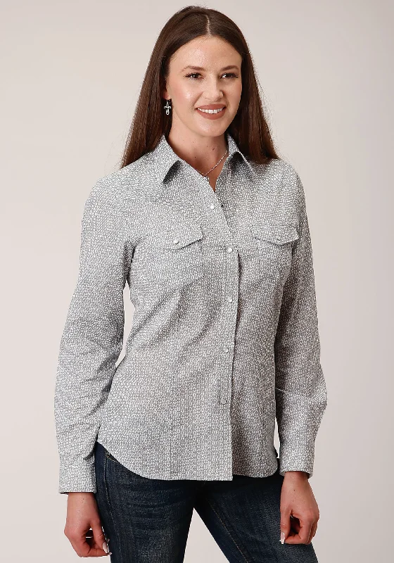 WOMENS LONG SLEEVE SNAP GREY AND WHITE PRINT WESTERN SHIRT Chenille Blend Fleece Blend Nylon Blend