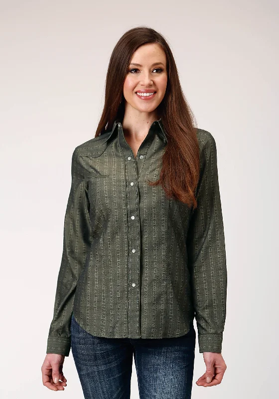 WOMENS LONG SLEEVE SNAP GREY FLORAL TONE ON TONE STRIP WESTERN SHIRT WITH SOLID PIPING AND SMILE POCKETS Fleece Nylon Spandex