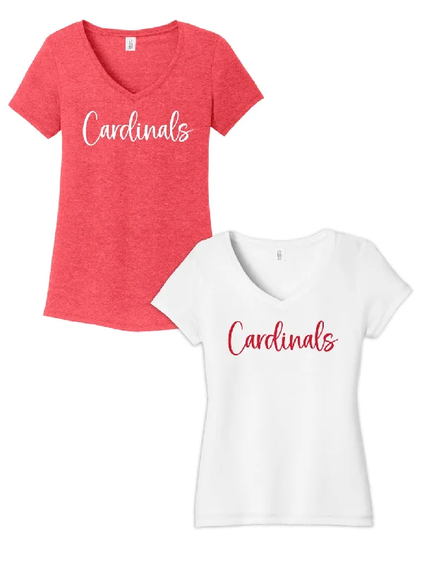 2024 - Tee - Women's Vneck with Curly Cardinals script - Red or Gray Iron Safe Non-Iron Wrinkle Free