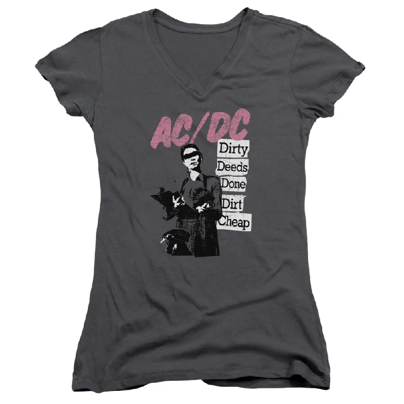 AC/DC Dirty Deeds Junior's 30/1 100% Cotton Cap-Sleeve Sheer V-Neck T-Shirt Solid Print Embellished