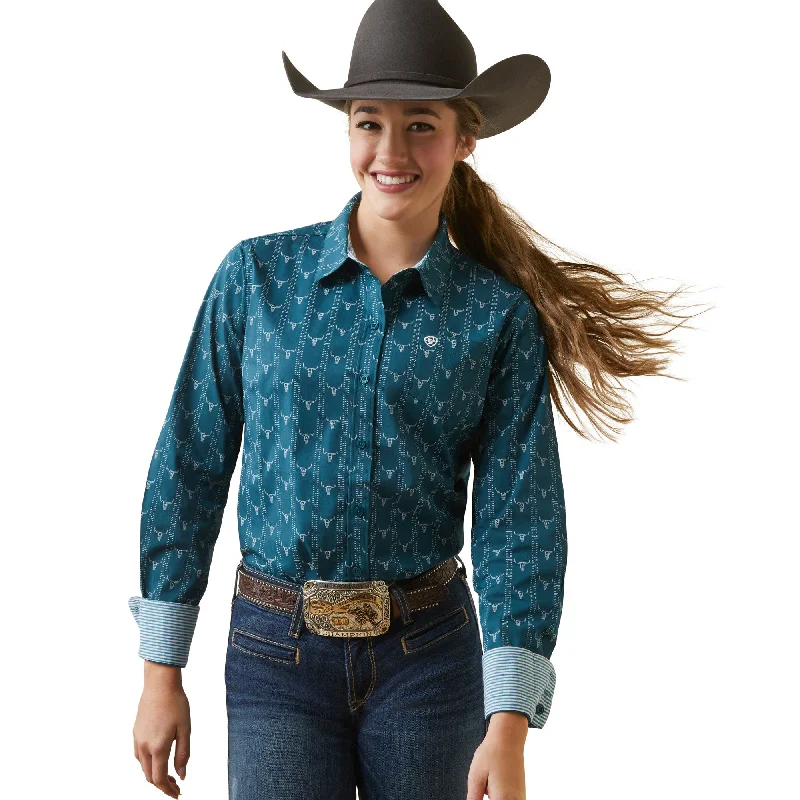 Ariat Ladies R.E.A.L Steerhead Graphic Blue Button Down Shirt 10046703 Cashmere Blend Cotton Blend Poly Blend