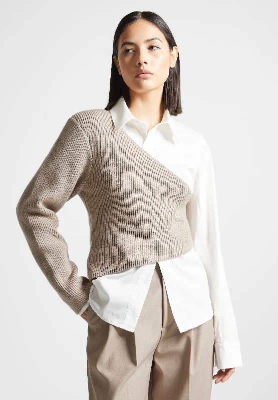 Asymmetric Knitted Overlay Shirt - White/Beige Elegant Classic Vintage