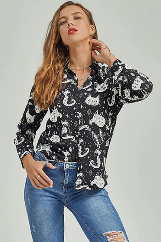 Cat Print Button-Up Shirt Solid Color Striped Floral