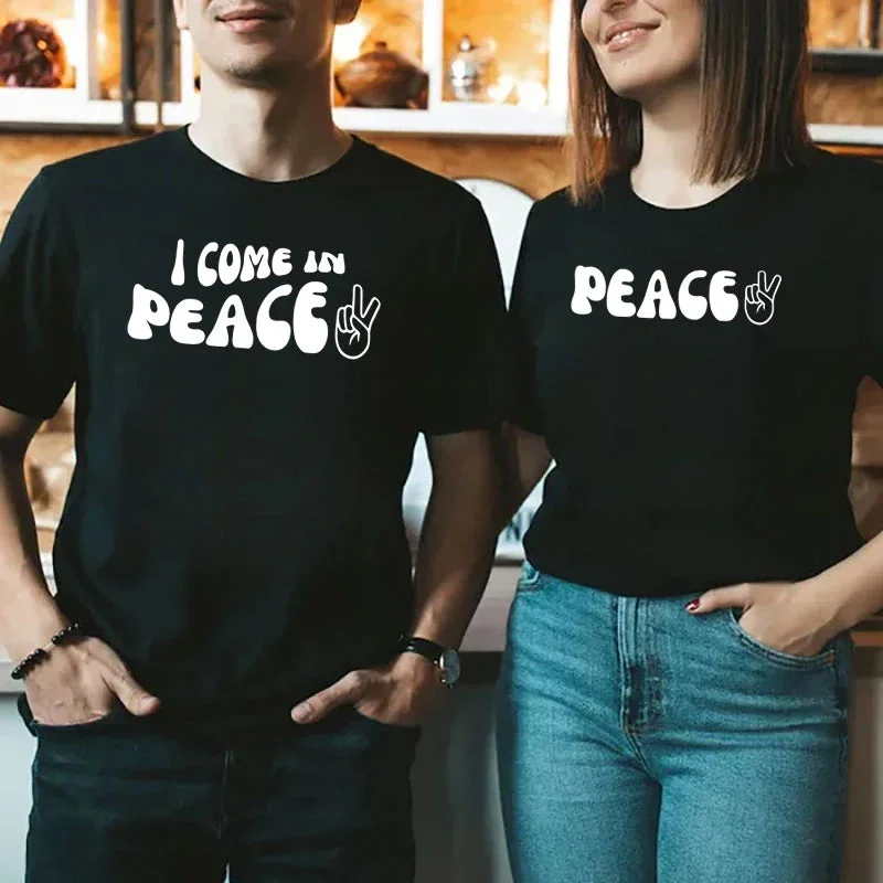 I Come In Peace Funny Couple Tees Handmade Hand-knitted Hand-woven