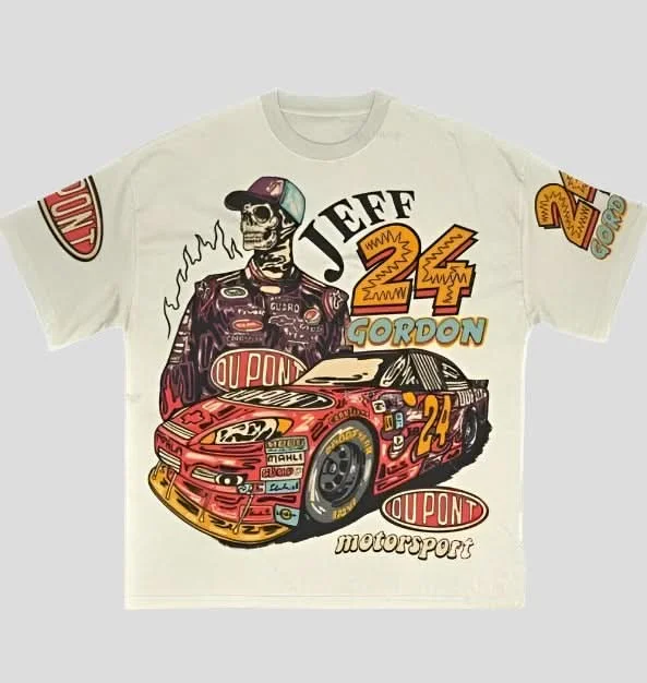 Jeff Gordon Graphic Print Beige T-Shirt Notch Collar Peter Pan Collar Cowl Neck