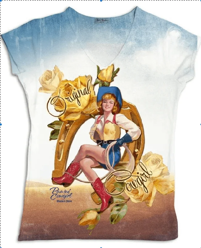 Original Cowgirl Custom Painted Cowgirl T Shirt SGOCPC Notch Collar Peter Pan Collar Cowl Neck