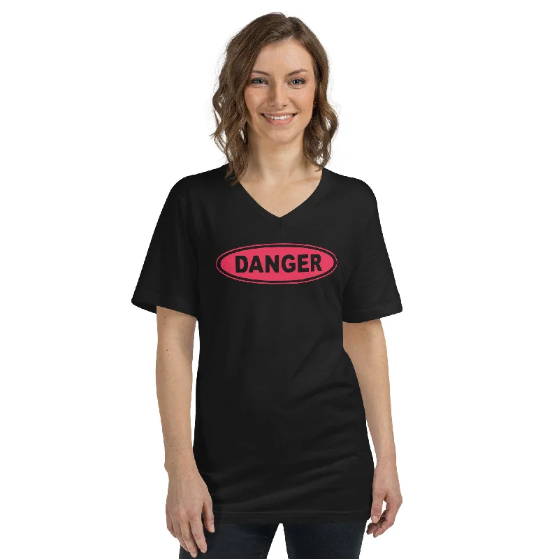 Red Danger Warning Sign Short Sleeve V-Neck T-Shirt Fleece Nylon Spandex