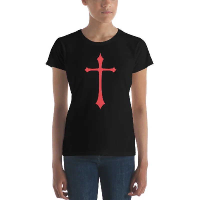 Red Gothic Medeival Holy Cross Women's Short Sleeve Babydoll T-shirt Collared Crew Neck Turtle Neck