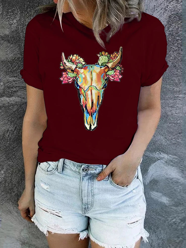 Women’s T-Shirt Short Sleeve Bull's Head Beaded Sequined Faux Fur