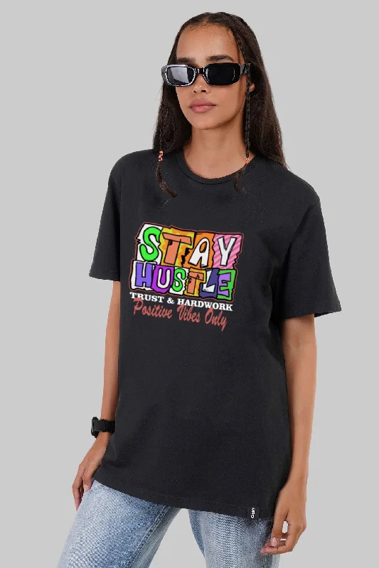 Stay Hustle Black Boyfriend Fit T-Shirt Women Anti-Pilling Machine Wash Handmade