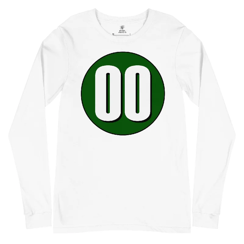 Unisex Long Sleeve Tee: White on Hunter Green 00 Spandex Blend Rayon Blend Denim Blend