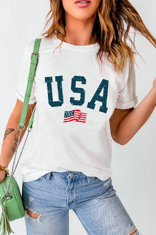 USA Flag Ladies T-Shirt Collared T-Shirt Boat Neck A-Line