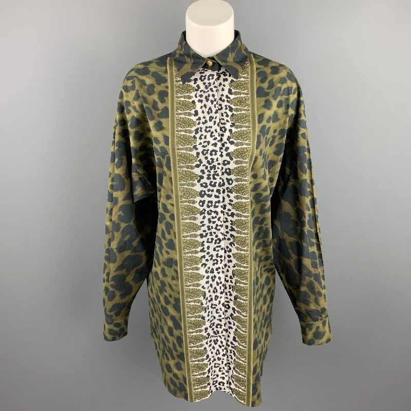 VERSUS by GIANNI VERSACE Size M Olive & Black Print Cotton Oversized Shirt Chenille Blend Fleece Blend Nylon Blend