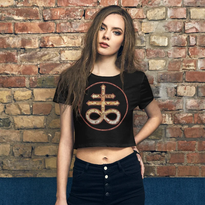 Withered Evil Satan's Cross Leviathan Symbol Women’s Crop Tee Graphic T-Shirt Round Neck Polyester