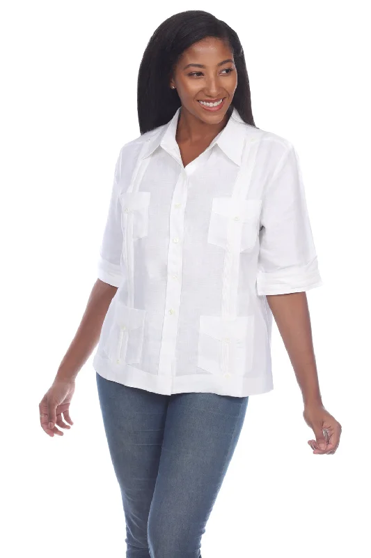 Women's Traditional Guayabera Shirt 3/4 Sleeve 4 Pocket Design Cozy Warm Stylish