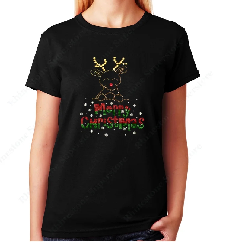 Women's / Unisex T-Shirt with Merry Christmas Rudolph the Red Nose Reindeer in Rhinestones Satin Blend Silk Blend Wool Blend