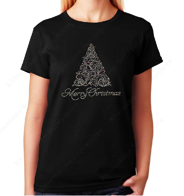 Women's / Unisex T-Shirt with Merry Christmas Tree in Crystal and Pearl in Rhinestones Oversized T-Shirt Spandex breathable