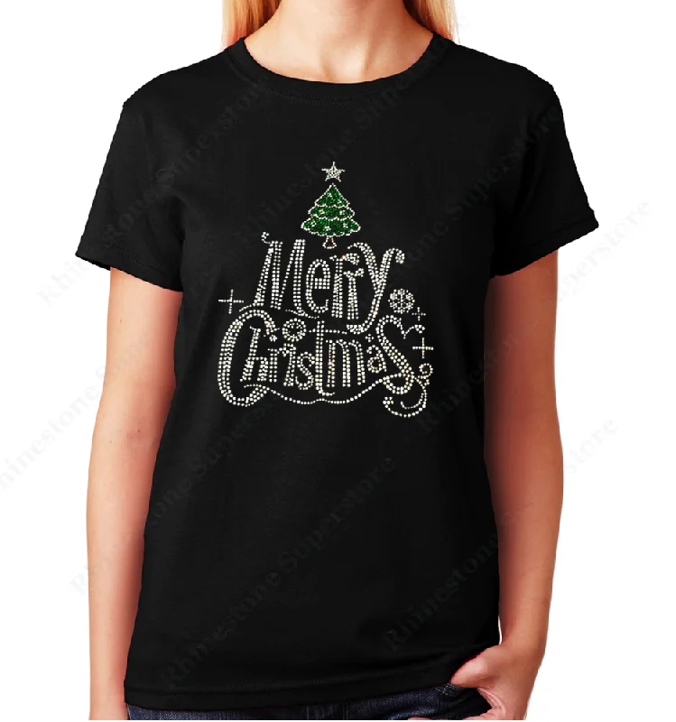 Women's / Unisex T-Shirt with Merry Christmas with Christmas Tree in Rhinestones Beaded Sequined Faux Fur